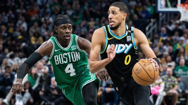 Boston Celtics guard Jrue Holiday and Indiana Pacers guard Tyrese Haliburton