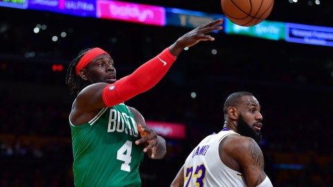 Boston Celtics guard Jrue Holiday and Los Angeles Lakers forward LeBron James