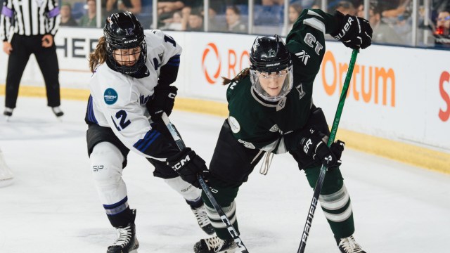 PWHL Boston defender Kaleigh Fratkin and PWHL Minnesota forward Kelly Pannek