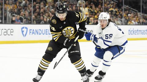 Boston Bruins defenseman Kevin Shattenkirk and Toronto Maple Leafs forward Tyler Bertuzzi