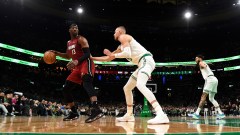 Boston Celtics center Kristaps Porzingis and Miami Heat center Bam Adebayo