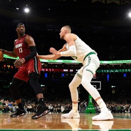Boston Celtics center Kristaps Porzingis and Miami Heat center Bam Adebayo
