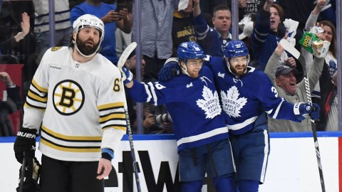 Boston Bruins forward Pat Maroon and Toronto Maple Leafs players William Nylander and Timothy Liligren
