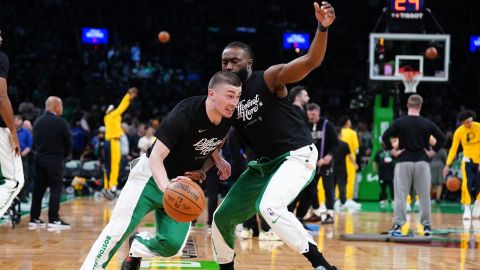 Boston Celtics guards Payton Pritchard and Jaylen Brown