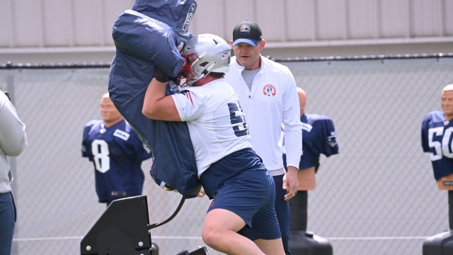 New England Patriots offensive lineman Joey Ramos, offensive line coach Scott Peters