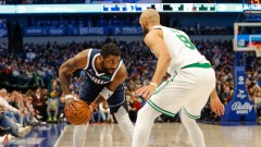 Boston Celtics guard Derrick White and Dallas Mavericks guard Kyrie Irving