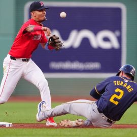 Boston Red Sox second baseman Vaughn Grissom and Milwaukee Brewers second baseman Brice Turang