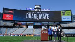 New England Patriots owner Robert Kraft, president Jonathan Kraft and quarterback Drake Maye