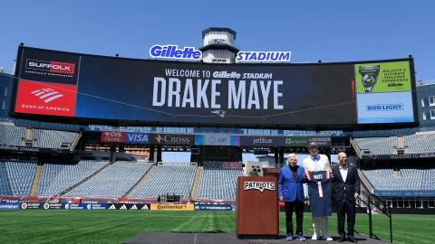 New England Patriots owner Robert Kraft, president Jonathan Kraft and quarterback Drake Maye