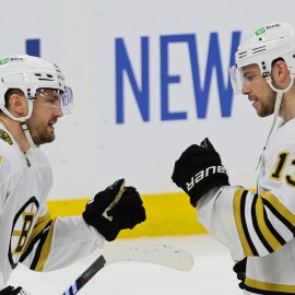 Boston Bruins forwards James van Riemsdyk, Charlie Coyle