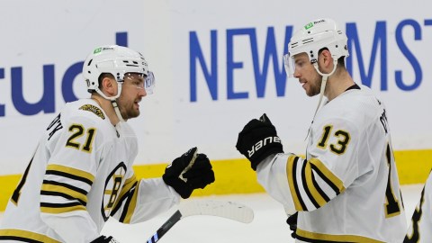 Boston Bruins forwards James van Riemsdyk, Charlie Coyle