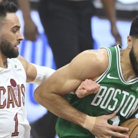 Boston Celtics forward Jayson Tatum and Cleveland Cavaliers guard Max Strus