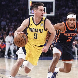 Indiana Pacers guard T.J. McConnel, New York Knicks guard Miles McBride