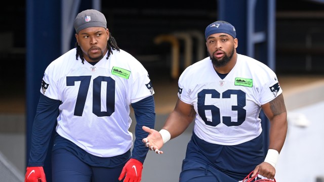 New England Patriots offensive linemen Caedan Wallace and Layden Robinson