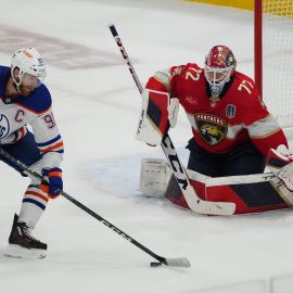 Edmonton Oilers center Connor McDavid and Florida Panthers goalie Sergei Bobrovsky