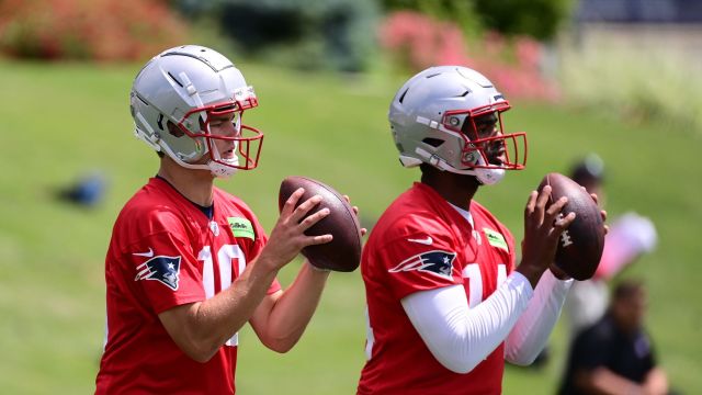 New England Patriots quarterbacks Drake Maye, Jacoby Brissett