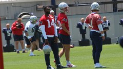 New England Patriots quarterback Jacoby Brissett, Drake Maye, Bailey Zappe