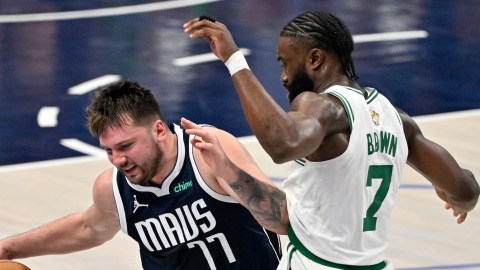 Boston Celtics guard Jaylen Brown and Dallas Mavericks guard Luka Doncic