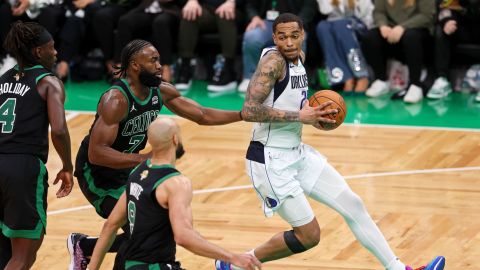Boston Celtics guard Derrick White and forward Jaylen Brown and Dallas Mavericks forward P.J. Washington