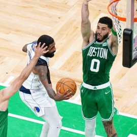 Boston Celtics teammates Jayson Tatum and Derrick White, and Dallas Mavericks guard Kyrie Irving
