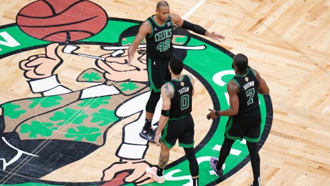 Boston Celtics teammates Jayson Tatum, Jaylen Brown, and Al Horford