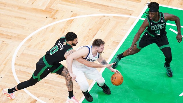 Boston Celtics teammates Jayson Tatum and Jrue Holiday, and Dallas Mavericks guard Luka Doncic