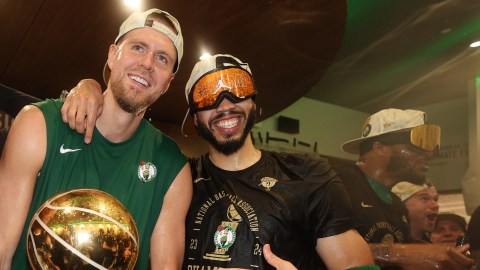 Boston Celtics teammates Jayson Tatum and Kristaps Porzingis