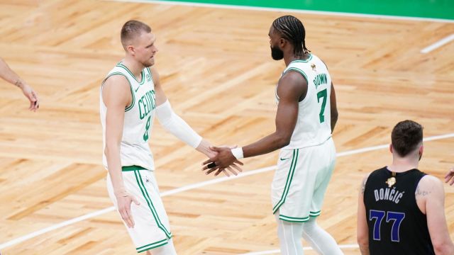 Boston Celtics center Kristaps Porzingis and forward Jaylen Brown