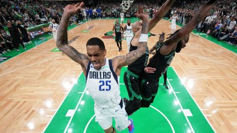 Dallas Mavericks forward P.J. Washington and Boston Celtics guards Jaylen Brown and Derrick White
