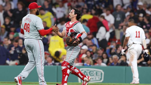 Philadelphia Phillies pitcher Jose Alvarado and catcher Garrett Stubbs