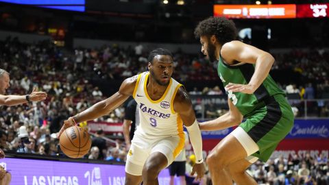 Boston Celtics forward Anton Watson and Los Angeles Lakers guard Bronny James