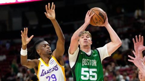 Boston Celtics guard Baylor Scheierman and Los Angeles Lakers guard Sean East II