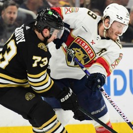 Boston Bruins defenseman Charlie McAvoy and Florida Panthers forward Matthew Tkachuck