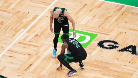 Boston Celtics guards Derrick White, Jaylen Brown