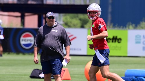 New England Patriots quarterback Drake Maye and offensive coordinator Alex Van Pelt