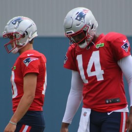 New England Patriots quarterbacks Drake Maye, Jacoby Brissett