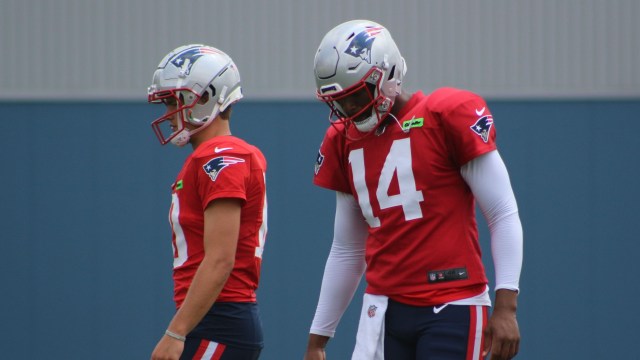 New England Patriots quarterbacks Drake Maye, Jacoby Brissett