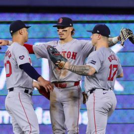 Boston Red Sox outfielder Jarren Duran, Rob Refsnyder and Tyler O'Neill