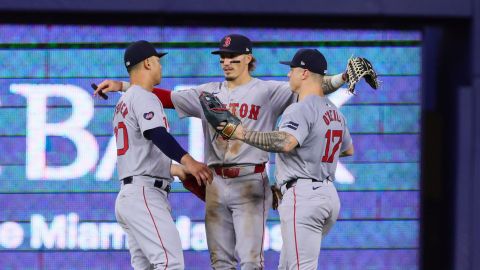 Boston Red Sox outfielder Jarren Duran, Rob Refsnyder and Tyler O