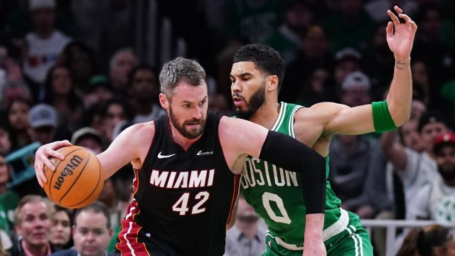 Boston Celtics forward Jayson Tatum and Miami Heat forward Kevin Love