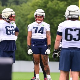 New England Patriots offensive linemen Michael Jordan, Sidy Sow and Liam Fornadel