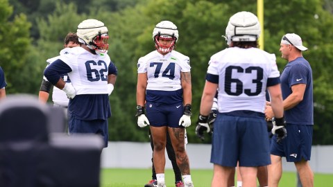 New England Patriots offensive linemen Michael Jordan, Sidy Sow and Liam Fornadel
