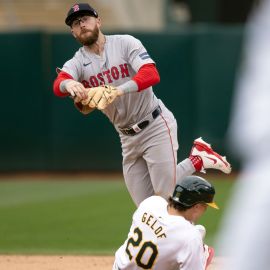 Boston Red Sox infielder Trevor Story and Oakland Athletics infielder Zack Gelof