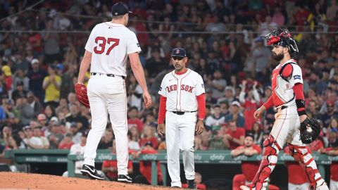 Boston Red Sox pitcher Nick Pivetta, manager Alex Cora and catcher Connor Wong