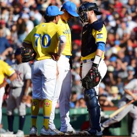 Boston Red Sox pitcher Brad Keller and catcher Danny Jansen