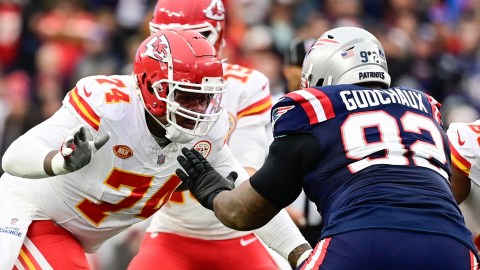 New England Patriots defensive tackle Davon Godchaux and Kansas City Chiefs offensive tackle Jawaan Taylor