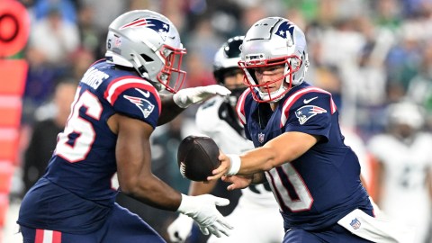 New England Patriots quarterback Drake Maye and running back Kevin Harris