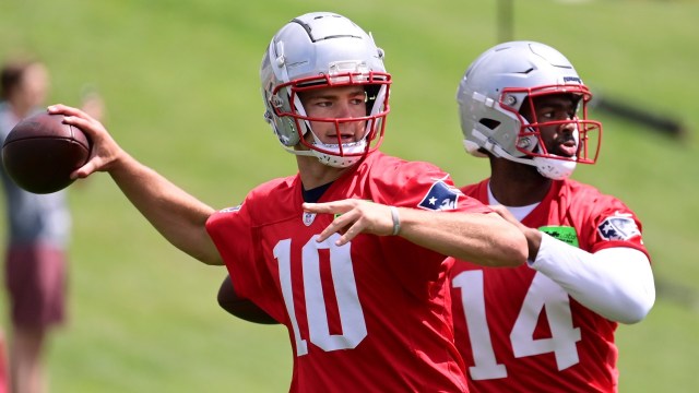 New England Patriots quarterbacks Drake Maye, Jacoby Brissett