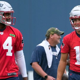 New England Patriots quarterback Jacoby Brissett and Drake Maye