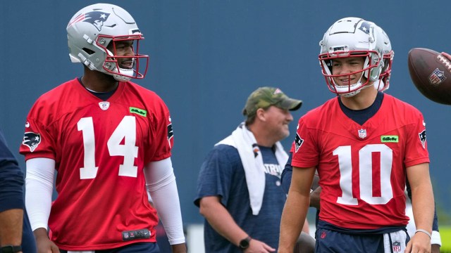 New England Patriots quarterback Jacoby Brissett and Drake Maye